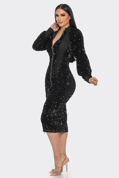 Midi 2 Way Zip Up Sequin Contrast Dress | APPAREL, Black, CCPRODUCTS, DRESSES, NEW ARRIVALS, Pink Black | Bodiied