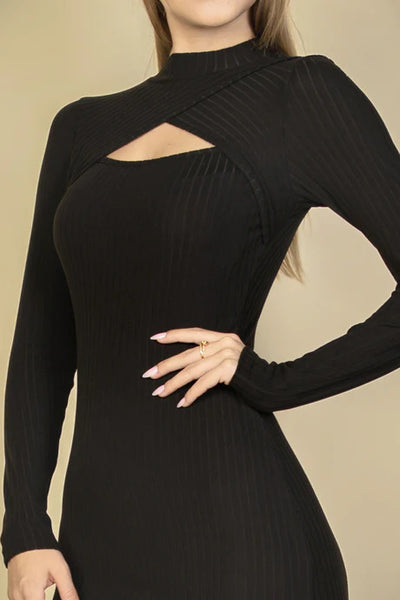 Ribbed Cut Out Front Long Sleeve Bodycon Mini Dress | APPAREL, Black, CCPRODUCTS, DRESSES, Light Taupe, NEW ARRIVALS, Olive | Bodiied