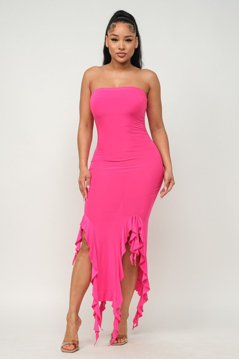 Solid Bottom Ruffle Trim Hem Slit Tube Maxi Dress | APPAREL, Black, CCPRODUCTS, DRESSES, Fuchsia, Green, NEW ARRIVALS, Red | Bodiied