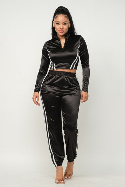 Front Zip Up Stripes Detail Jacket And Pants Set | APPAREL, Black, CCPRODUCTS, Fuchsia, Grey, NEW ARRIVALS, SETS | Bodiied