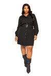 Satin Effect Belted Jacket Dress | Black, CCPRODUCTS, NEW ARRIVALS, PLUS SIZE, PLUS SIZE DRESSES | Bodiied