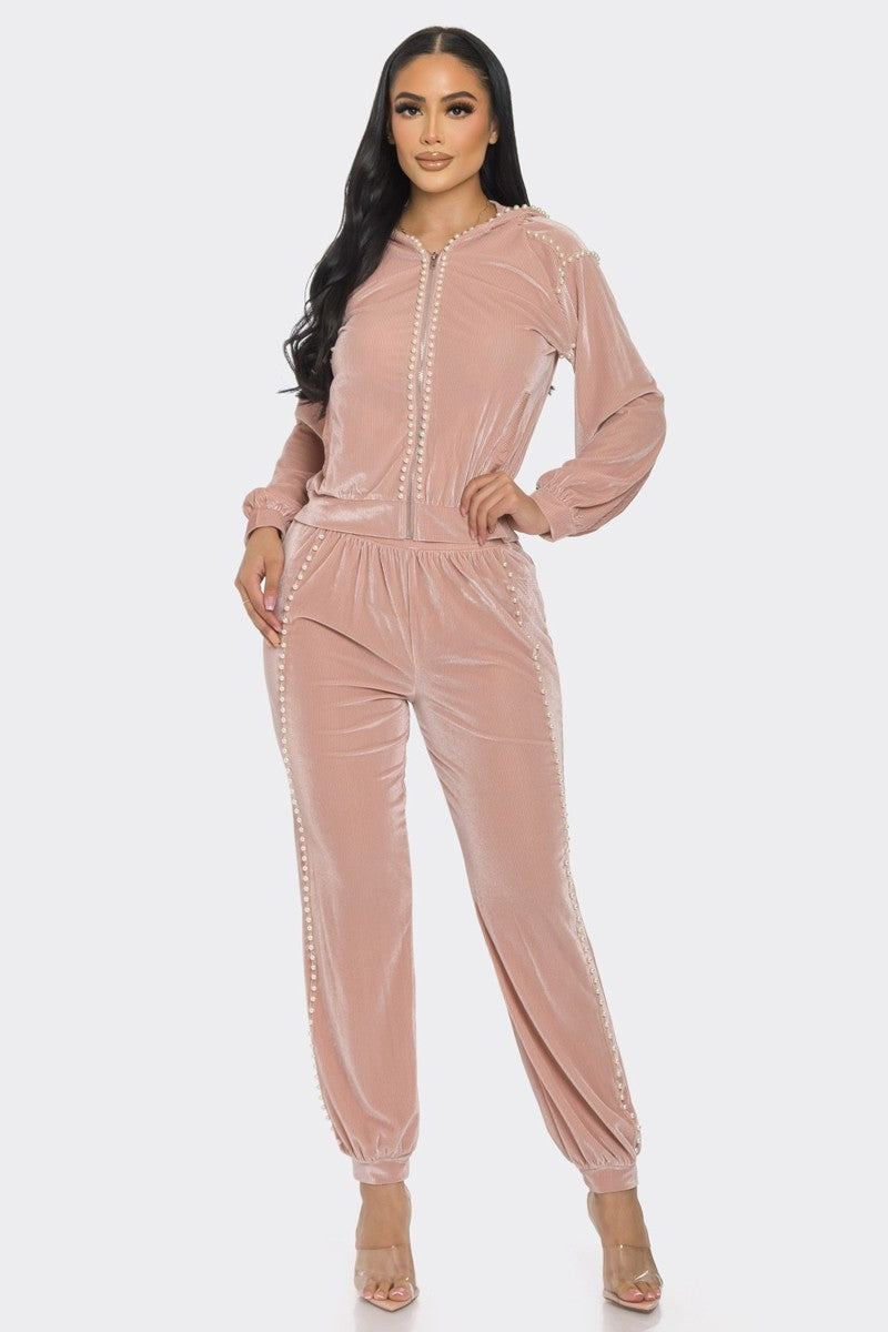 Jogger With Pearls Set | APPAREL, Blush, CCPRODUCTS, Hot Pink, JUMPSUITS & ROMPERS, NEW ARRIVALS, Taupe | Bodiied