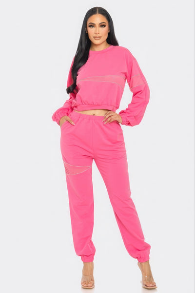 Terry Mesh & Rhinestone Detail Set | APPAREL, BASICS & ACTIVEWEAR, Black, CCPRODUCTS, NEW ARRIVALS, Pink, SETS | Bodiied