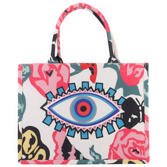 Flower Evil Eye Print Tote Bag | ACCESSORIES, CCPRODUCTS, HANDBAGS, NEW ARRIVALS | Bodiied